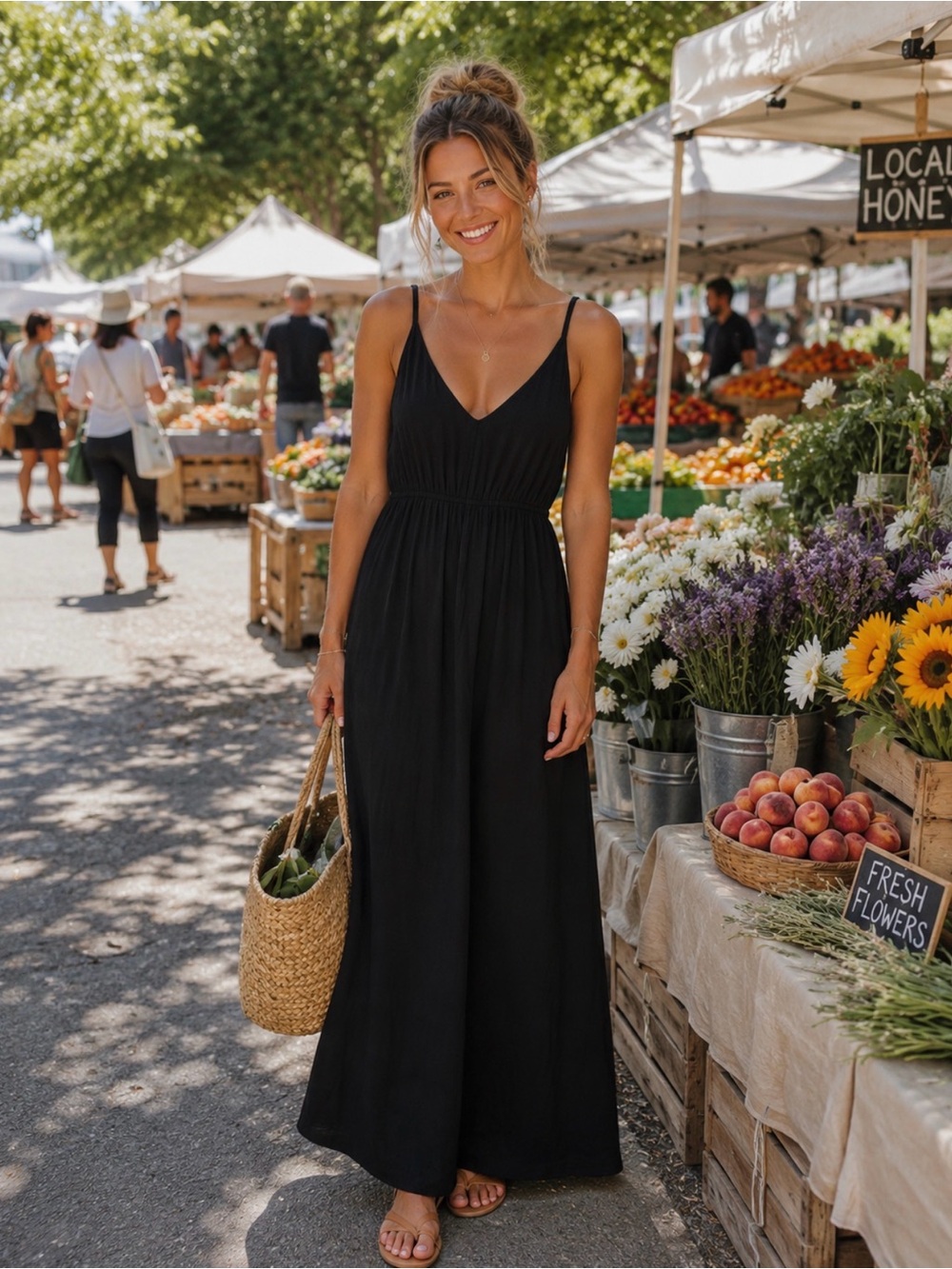 Z Supply Black Spaghetti-Strap V-Neck Smocked-Waist Maxi Dress